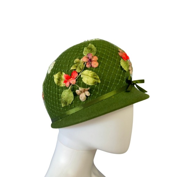 Unbranded Accessories - Vtg 50s Green Wool Felt Cloche Hat Floral Velvet Glenover Flapper Style JS